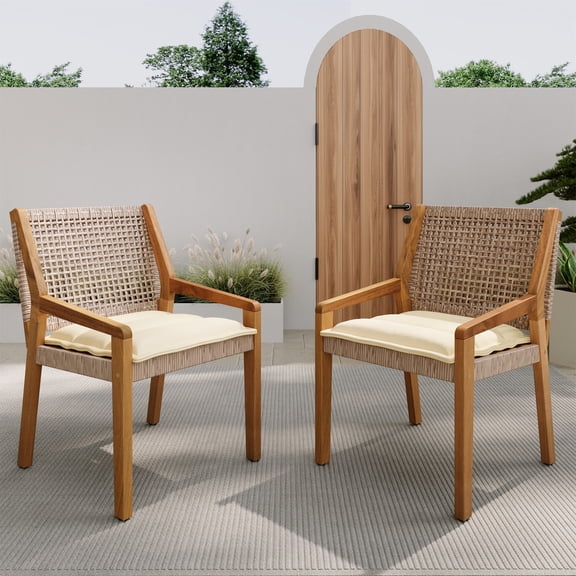 Dining Chair, Outdoor Acacia Wood and Wicker Chair with Cream Cushion for Patio Garden, Teak and Cream