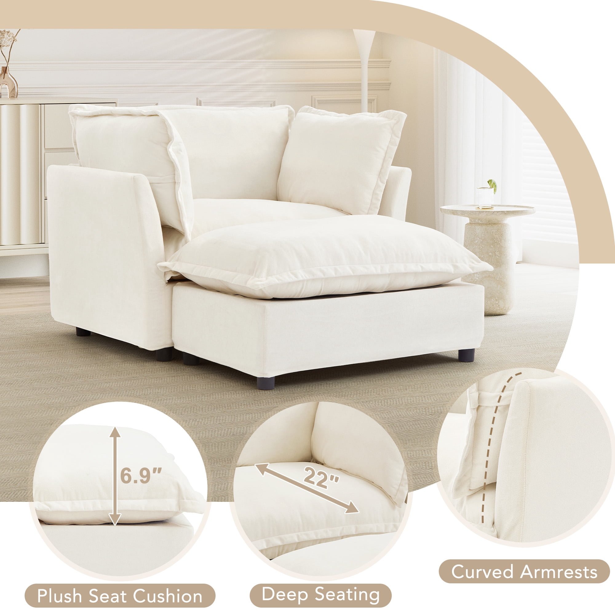 45.2" Armchair Sofa Cozy Upholstered Sofa Chair with Ottoman, 39" Wide Seat and 2 Pillows