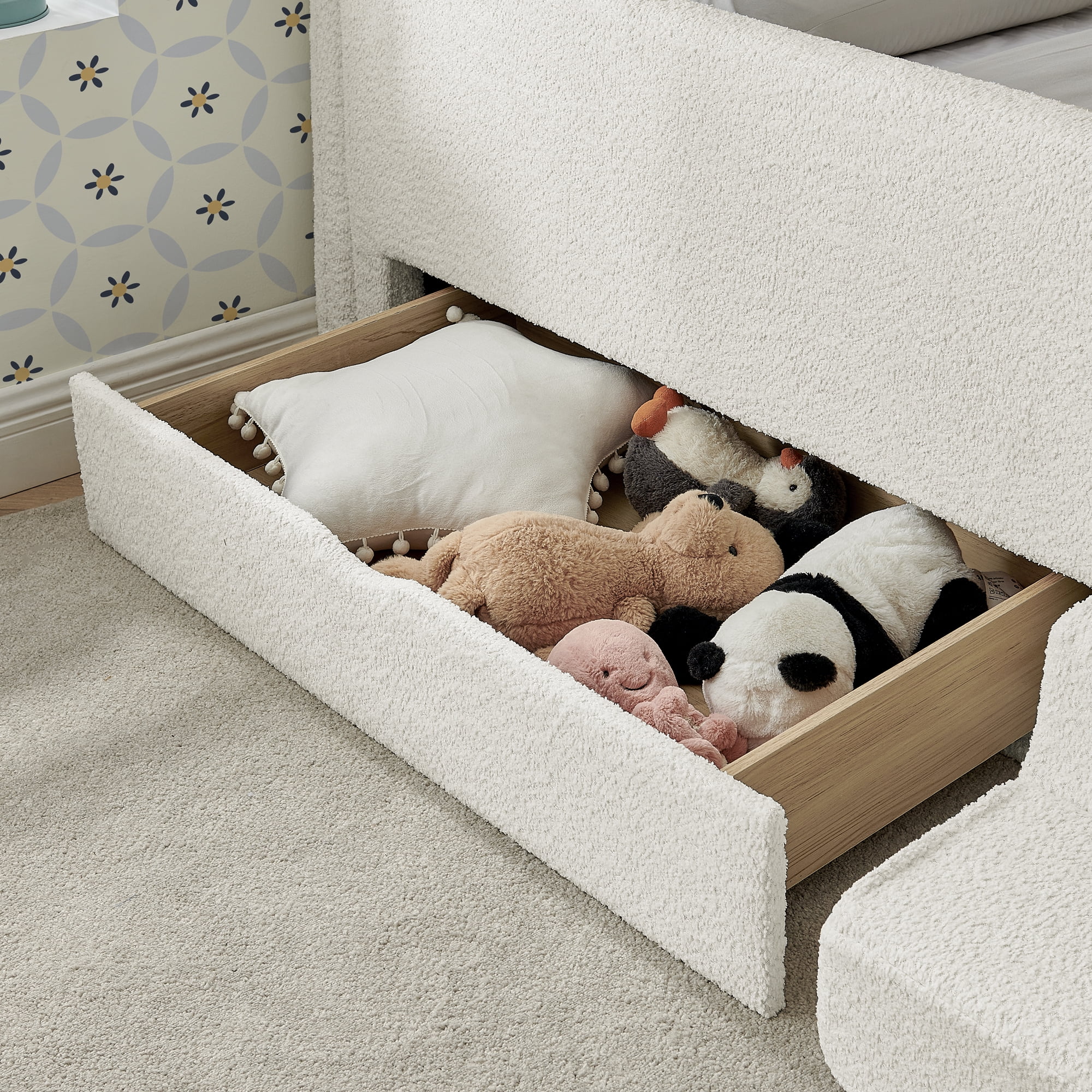 T-Joy Multi-Functional Kids Bed with Guardrails and Storage, Boucle Wooden Platform Bed with Safety Step Stool, Twin Size, Beige