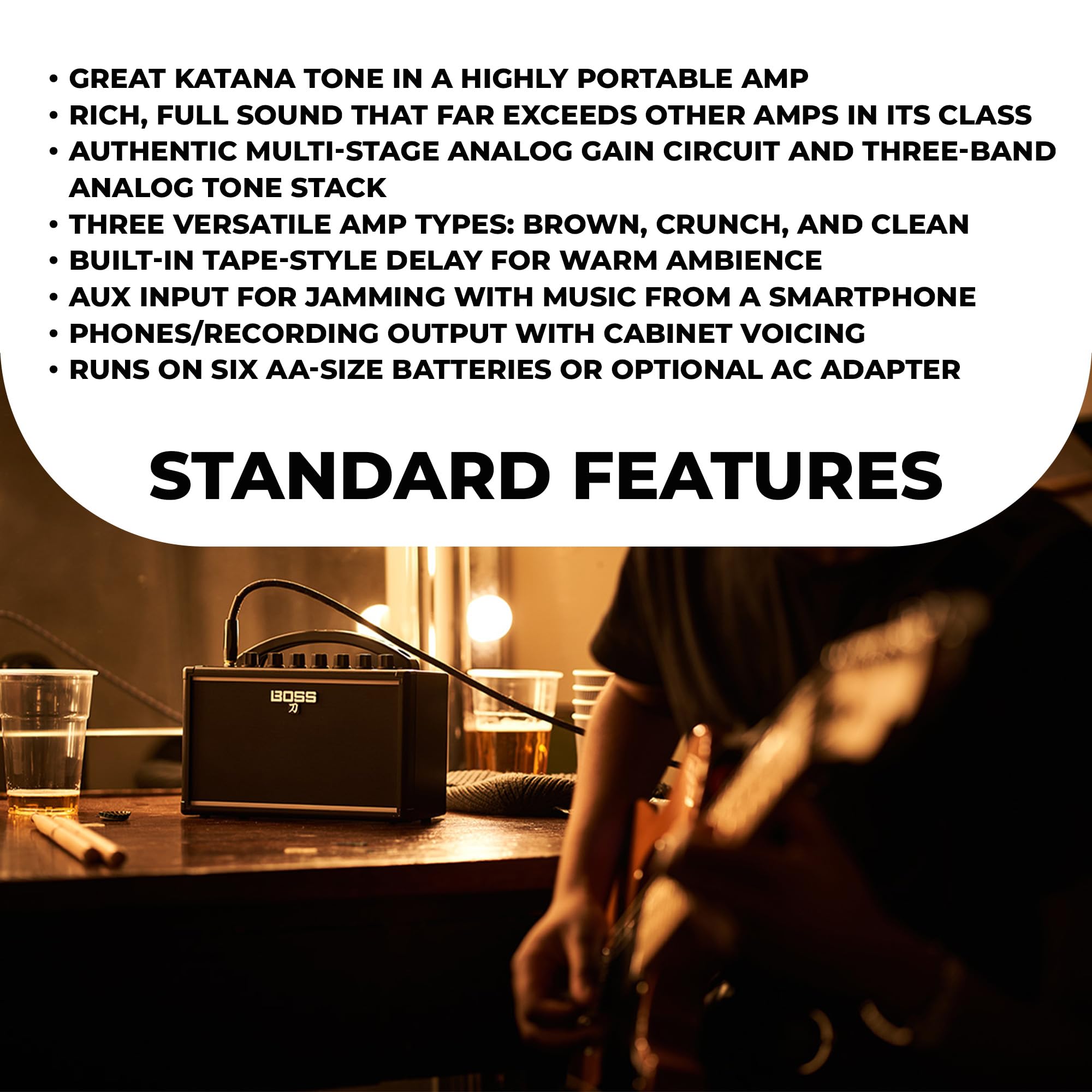 Boss Katana Mini Guitar Combo Amplifier Bundle with Gearlux Instrument Cable and 3-Pack Picks