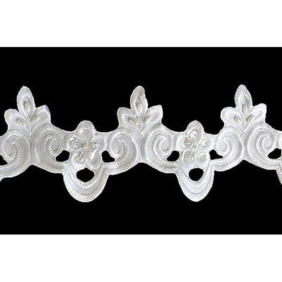 Lily 3 inches White Satin Bridal Beaded Sequins Embroidery Lace Trim by Yard