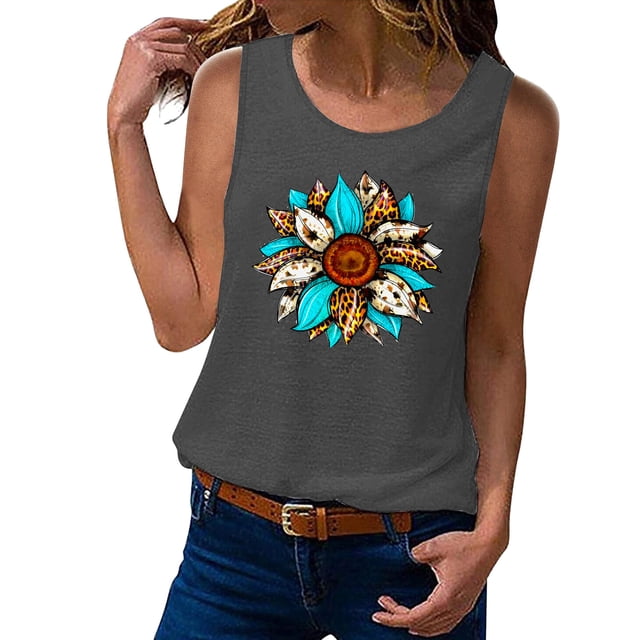 Playeras,Blusas y Tops,Ropa para Mujer Tallas grandes Camiseta sin mangas de verano para mujer, camiseta sin mangas con gráfico de flores , camiseta informal para vacaciones (Dark Gray, M)