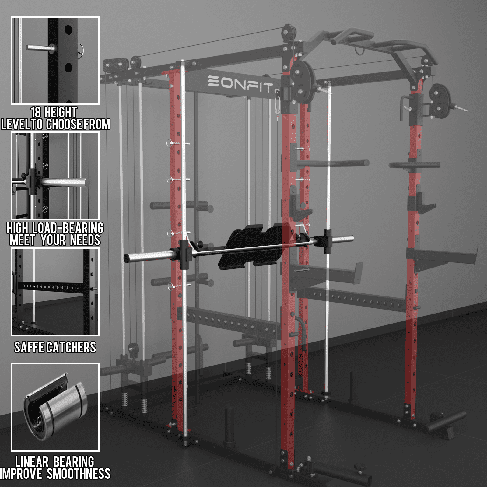 Eonfit E5 Smith Machine with Vertical Leg Press, Power Cage Squat Rack with LAT-Pull Down Cable Crossover Rotating Arms System Home Gym Equipment All in One (E5  RED）)
