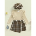 thumbnail image 2 of Nygoyerh Toddler Girl Fall Outfits 12M 18M 24M 2T 3T 4T 5T Solid Color Bodysuits Ribbed Knit Skirt sets Ruffles Crew Neck Long Sleeve Tops + Plaid Skirts + Hat 3Pcs Baby Clothing, 2 of 7
