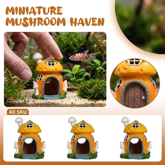 Aquarium Decorations, Betta Fish Tank Decorations, Fairy Garden Decor, Cave for Fish Tank, 1.5X1.5X2 in Orange Mushroom Shaped Mini House Decor, Small Hiding Shelter for Breeding