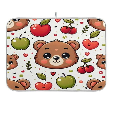 

Dish Drying Mat Kitchen Counter Cute Bear Face with Cherry Dishes Drainer Pad Absorbent Microfiber Reversible 18 x24