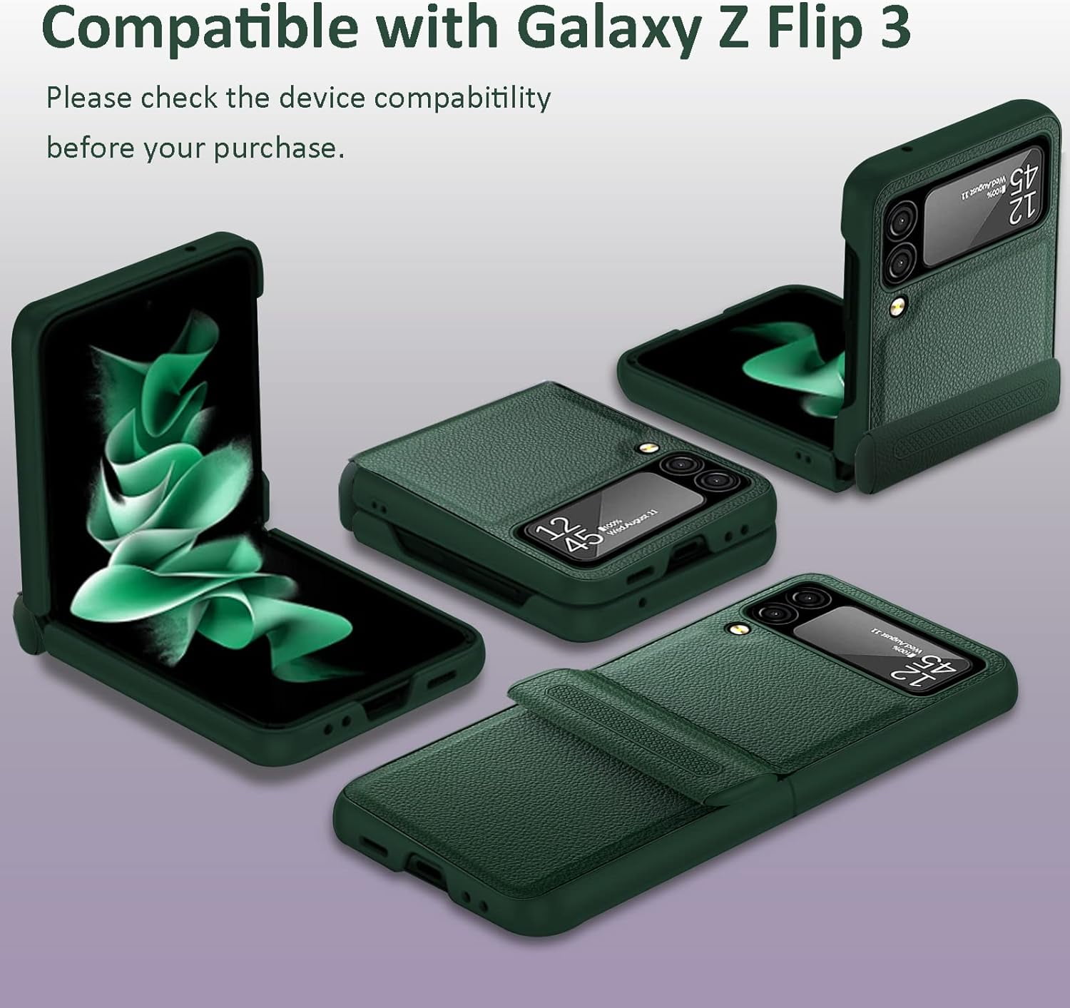 Compatible Samsung Z Flip 3 5G Case with Hinge Protection Screen Protector,All Around Protection Ultra Thin PU Leather+PC Case Galaxy Z Flip 3 Case for Samsung Flip 3 Phone Case Cute– Green