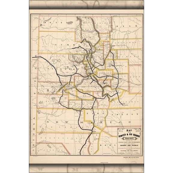 24"x36" Gallery Poster, Map of Denver & Rio Grande Railroad colorado 1881