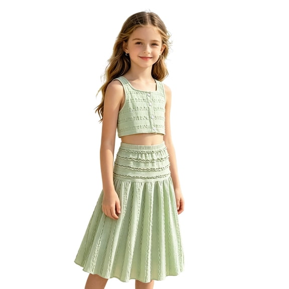 Afdoent Girls 2 Piece Outfits Summer Solid Color Sleeveless Crop Top High Waist Ruffle Skirt For Toddler Kids