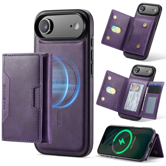 Magnetic Case For iPhone Air with Removable 2 in1 Wallet,Compatible with MagSafe Premium PU Leather RFID Blocking Card Slot Back Flip Kickstand Shockproof Phone Cover,Purple
