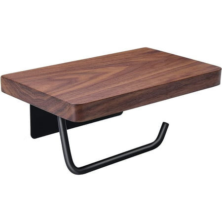 Wood Toilet Paper Holder With Shelf - Black Walnut, Stainless Steel Bar, Wall Mounted, Vintage Bathroom Decor