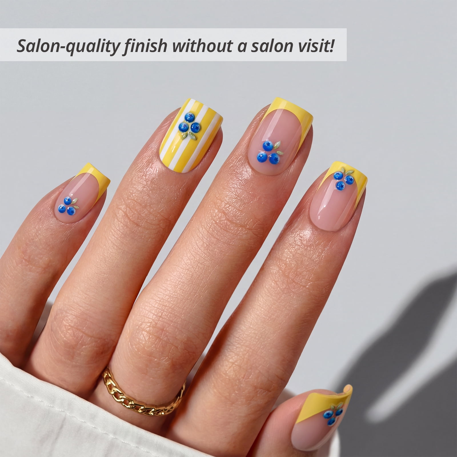 BTArtbox Press On Nails - Dotted Overalls,  Short Square, 2-Week Wear, Easy-to-Apply, 32 Count All-in-One Kit