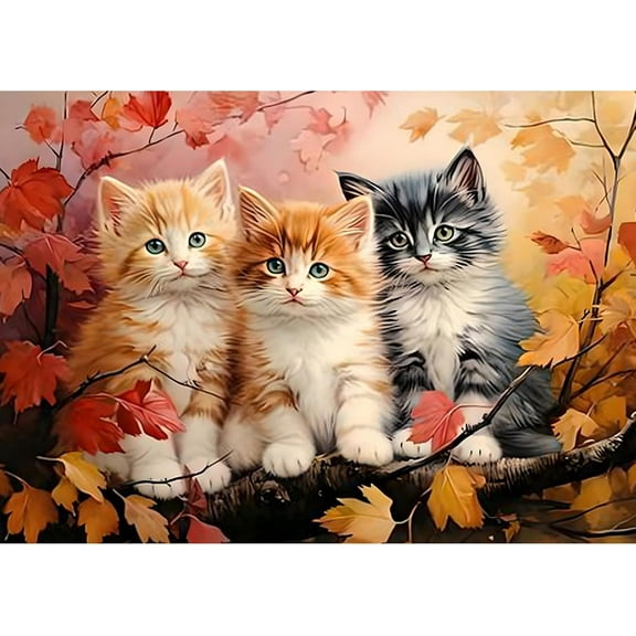 DIY 5D Diamond Painting Kit (for Adults) Diamond Painting "Three Kittens, Autumn" - Full Diamond Crystal Rhinestone Embroidery Craft Kit, Can Be Used as Gift, Wall Decoration