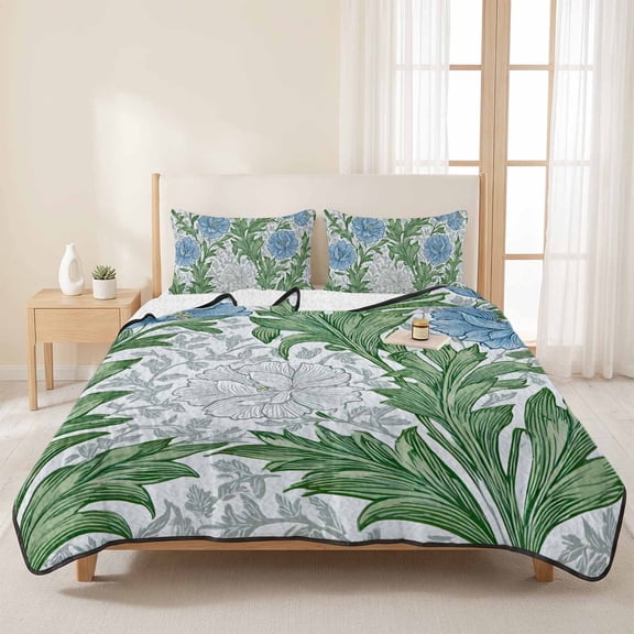 3 Pieces Queen Quilt Set,Country Green Leaf Blue Poppy Soft Bedding Sets with 1 Quilt & 2 Pillow Shams,Watercolor Flower Leaves Summer Bedspread Lightweight Coverlet Comforter