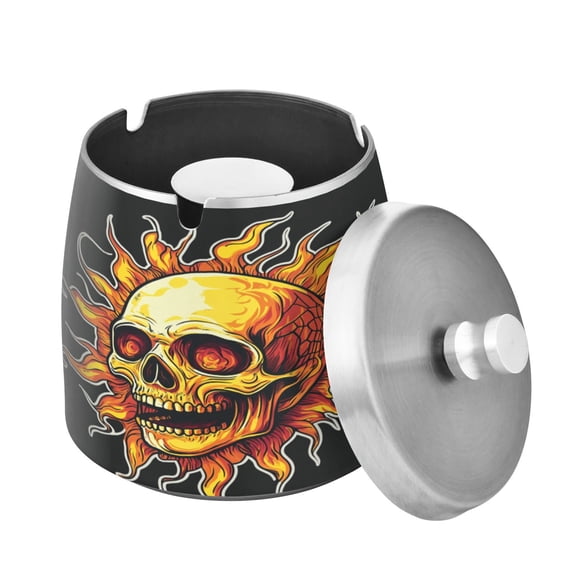 (9.3*9.3*9.7inch)Ashtray with Lid for Cigarette, Stainless Steel Smokeless Odorless Windproof Ashtrays, for Home Office Tabletop Outside Patio Outdoor Balcony Flaming Skull Sun