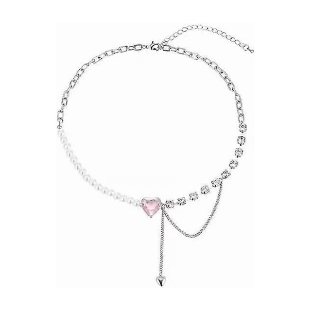 Vintage Pearl Necklace with Pink Crystal Heart Pendant Elegant Crystal Gemstone Necklace Rhinestone Heart Necklace Holiday Gifts