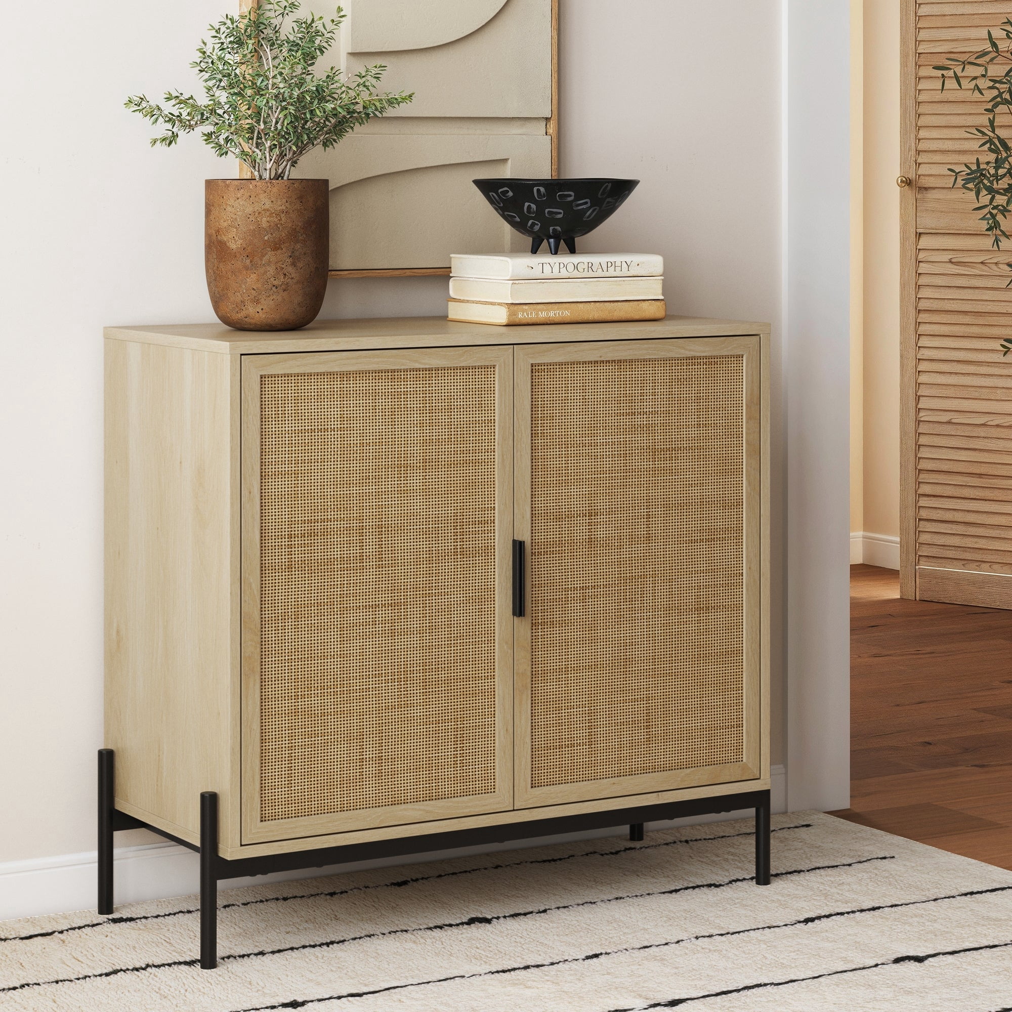 Nathan James Andrew Bohemian Entryway Storage Cabinet or Kitchen Sideboard Credenza  Rattan Accent Cabinet with Metal Legs  Light Oak/Matte Black