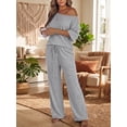 thumbnail image 4 of JWD Women's 2 Piece Pajama Set Off-Shoulder Short Sleeve Top And Wide Leg Lounge Pants Soft Cozy Sleepwear Loungewear Light Gray L, 4 of 7