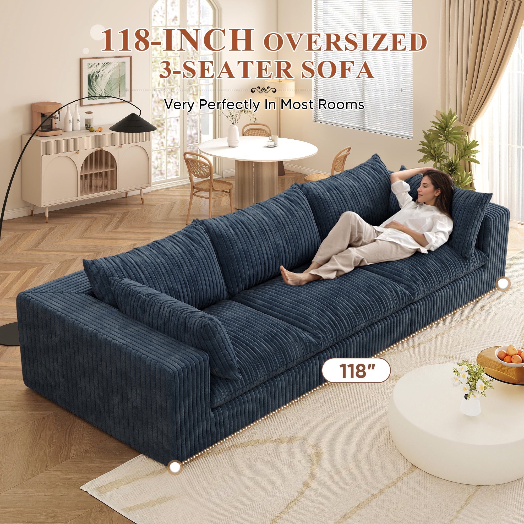 Muumblus 118" Oversized 3-Seater Boneless Sofa, No Assembly Deep Seat Corduroy Cloud Couch, Sleeper Sofa for Living Room, Blue