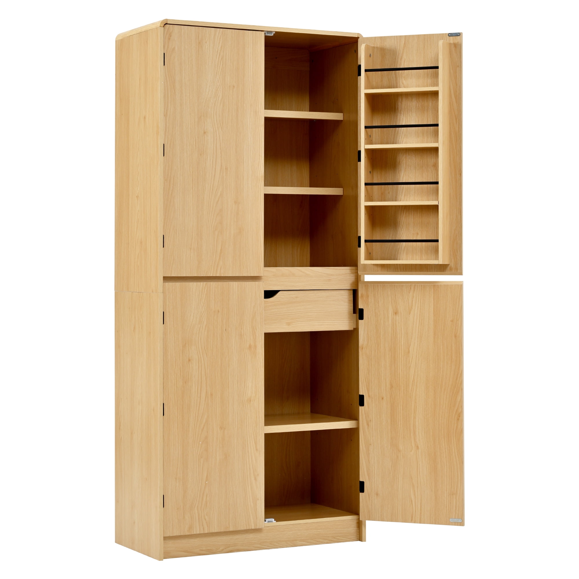 Euroco 72" Tall Farmhouse Kitchen Pantry Cabinet with 8 Door Shelves, Curved Design Storage Cabinet with 3 Adjustable Shelves, Hidden Drawer, Versatile Cupboard