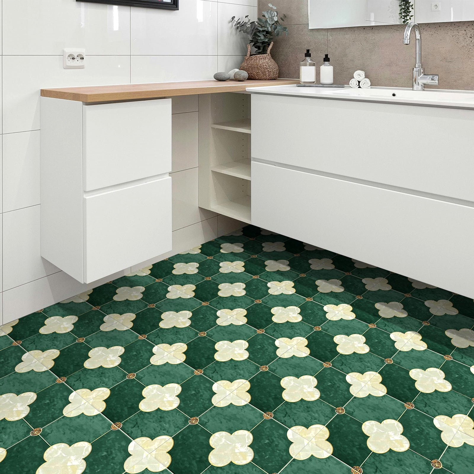 DEWOO Peel and Stick Floor Tile, Peel and Stick Flooring Self Adhesive, Waterproof Vinyl Flooring Suitable for Bathroom, Kitchen, Dark Green(12 x 12 In, 10PCS)