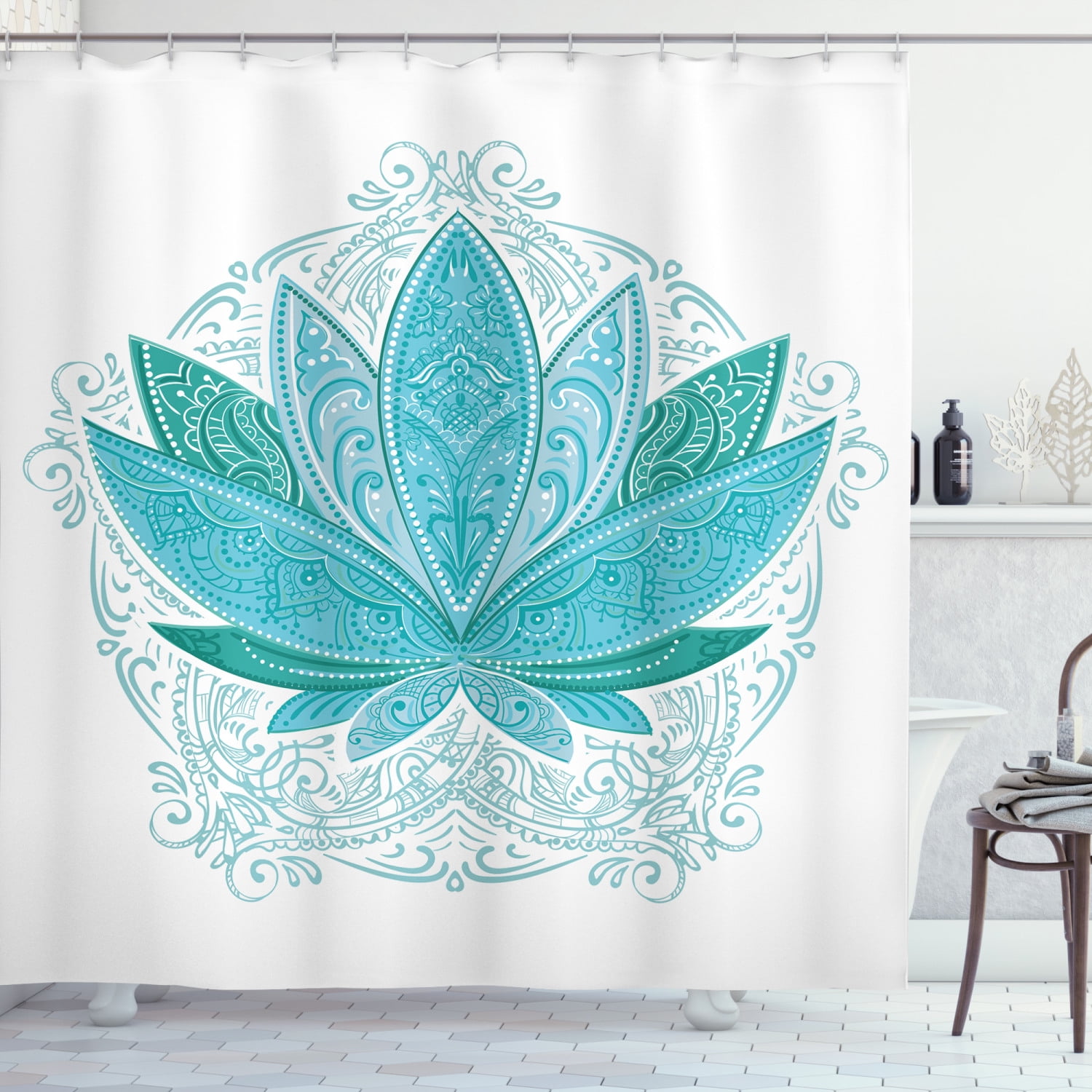 Moon Night Lotus Waterproof Fabric Shower Curtain Hook Bathroom Mat Set 72x72" 