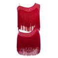 thumbnail image 3 of TiaoBug Kids Girls Latin Dance Outfit Ballroom Salsa Tassel Fringe Dress One Shoulder Crop Top and Skirt Set Burgundy 14, 3 of 7