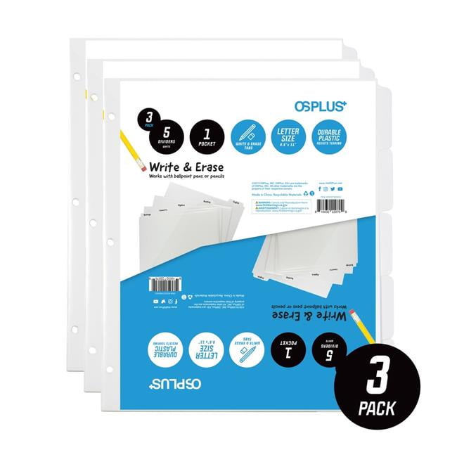 OS Plus OSD5TWEW03 5-Tab Write & Erase Binder Dividers with Single Pocket, White - Set of 3