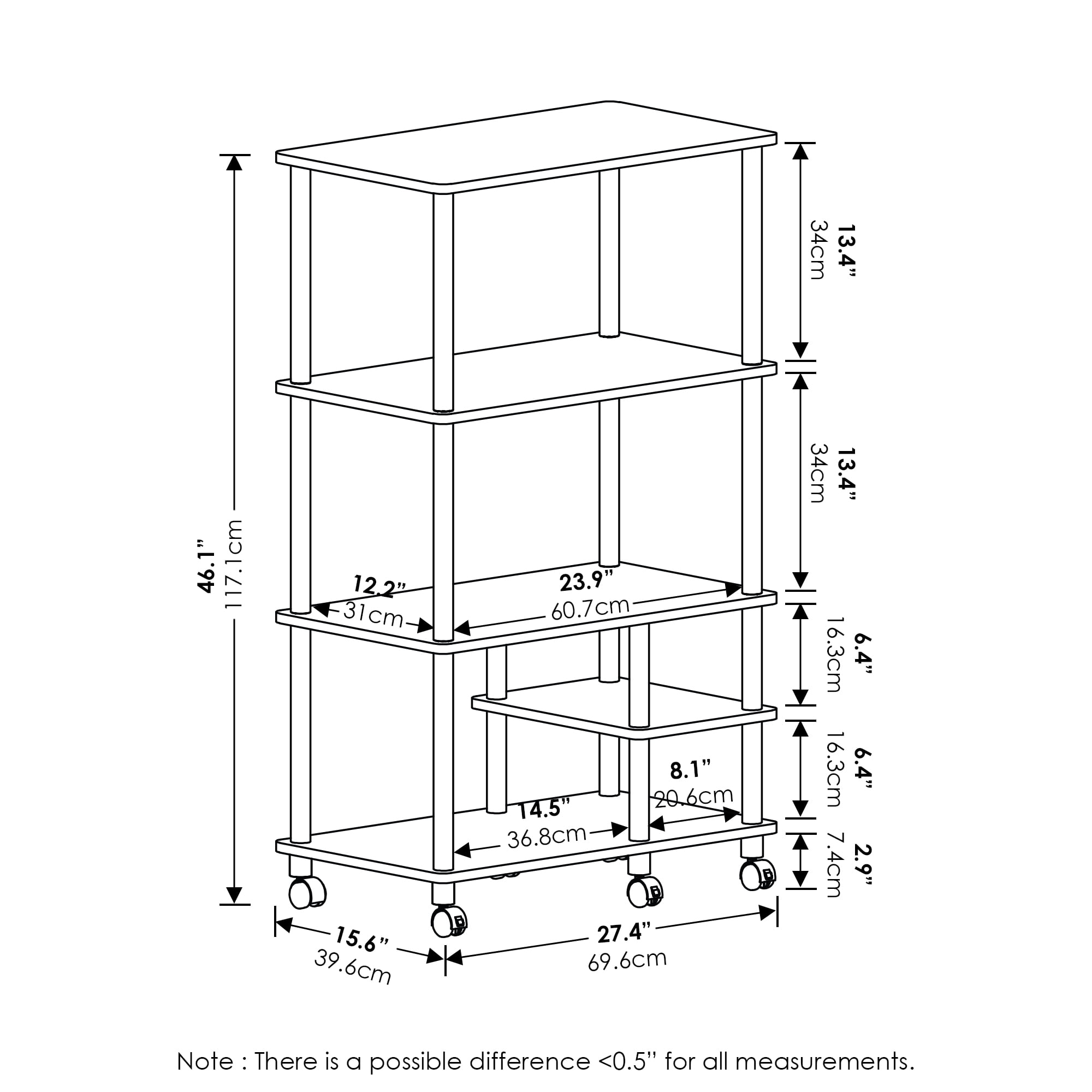Furinno 27.4"W x 15.6"D x 46.1"H 5-Shelf Freestanding Shelves, Columbia Walnut and Black