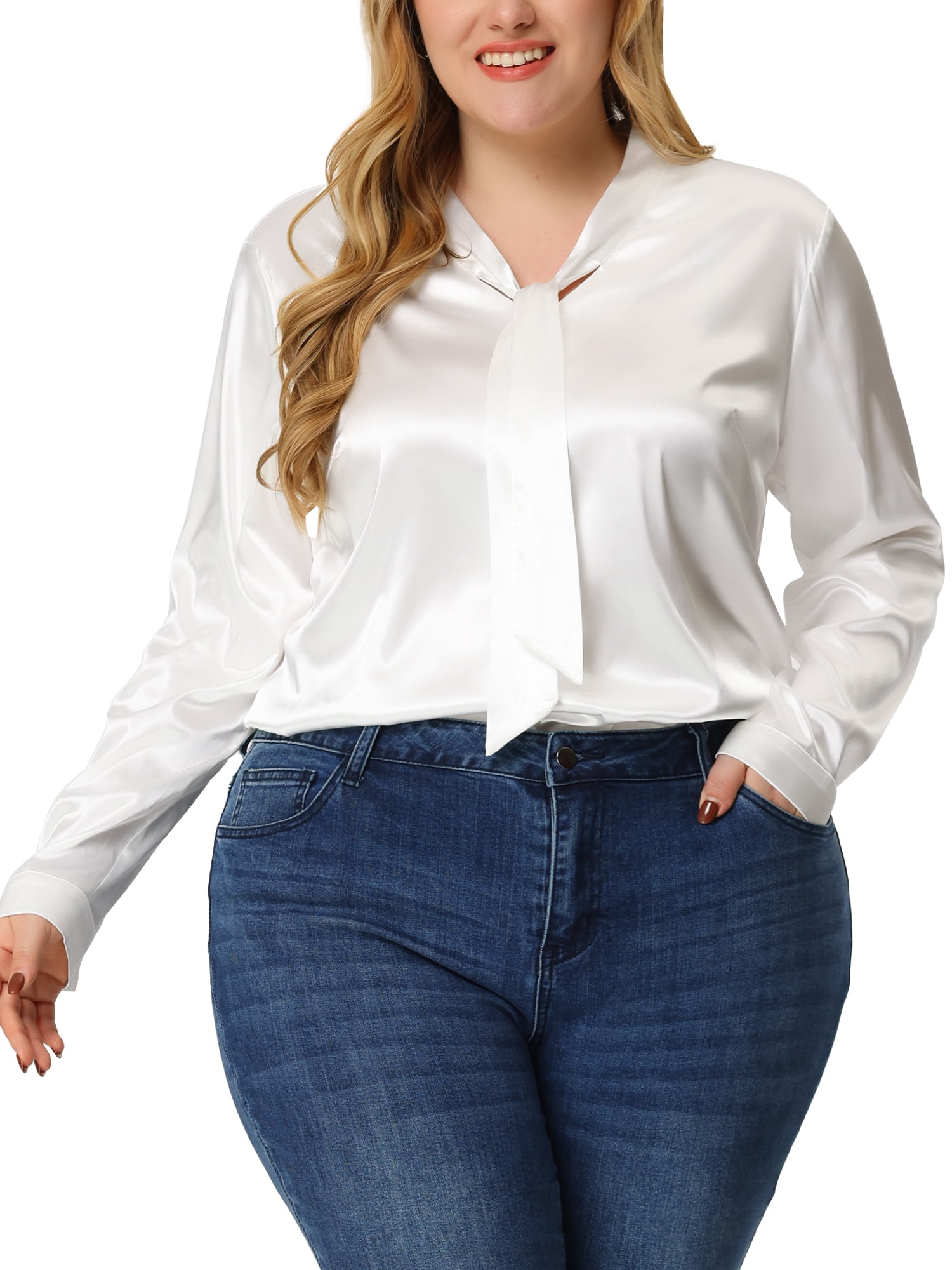 Agnes Orinda Women's Plus Size Satin Silk Blouse, Long Sleeve Tie