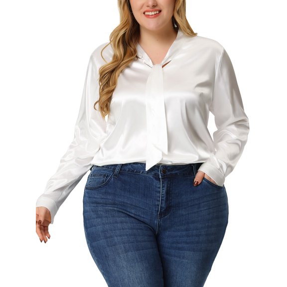 Agnes Orinda Women's Plus Size Long Sleeve Work Office Tie Neck Long Sleeves Satin Shirts 1X White