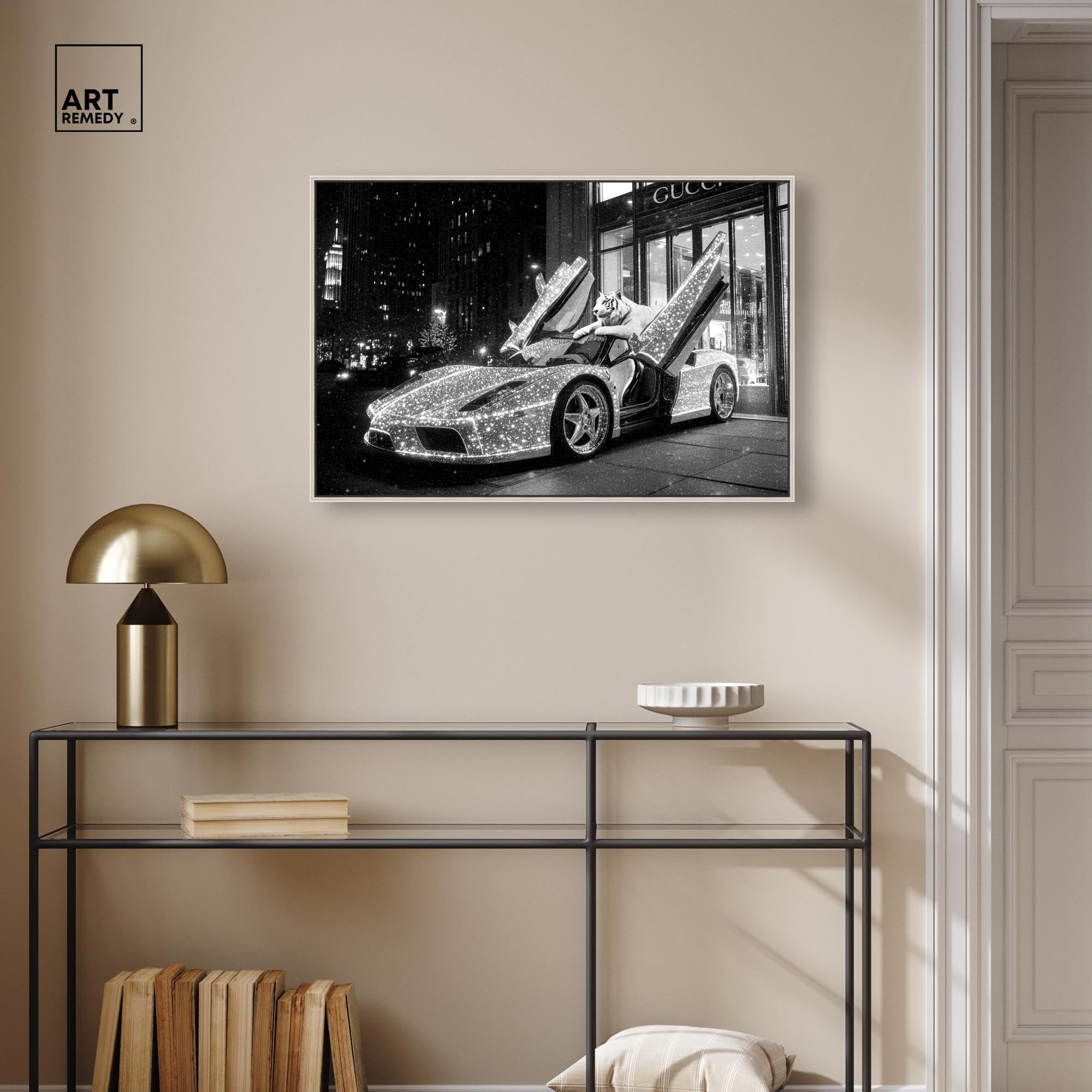 Glistening Tiger and Car Canvas Luxury Cars Prints by Art Remedy, Silver Frame, 30 x 20