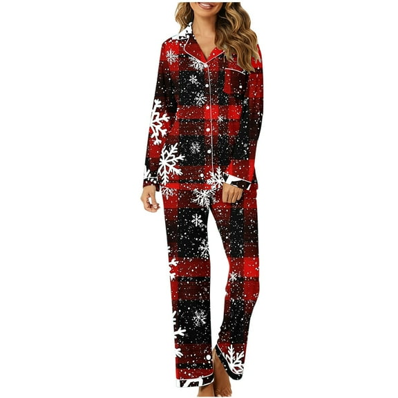 FDGIU Festive Christmas Pajama Set, Women's Printed Long Sleeve Pjs, Cozy Holiday Loungewear