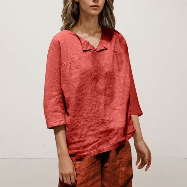 Hauts pour Femmes Bdfzl Mode Imitation et Lin Manches Trois-Quarts Col en V Haut/chemise Rouge Melon D\'eau TTG