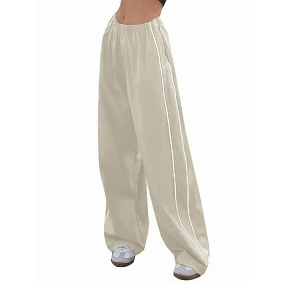 Womens Parachute Pants Wide Leg Baggy Pants Y2K Elastic Waist Jogger Sweatpants Track Pants Streetwear Milky L