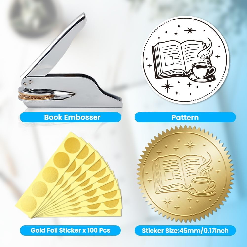 Book Embosser Personalized Books and Coffee Pattern Book Stamp Durable Library Stamp with Handle Set