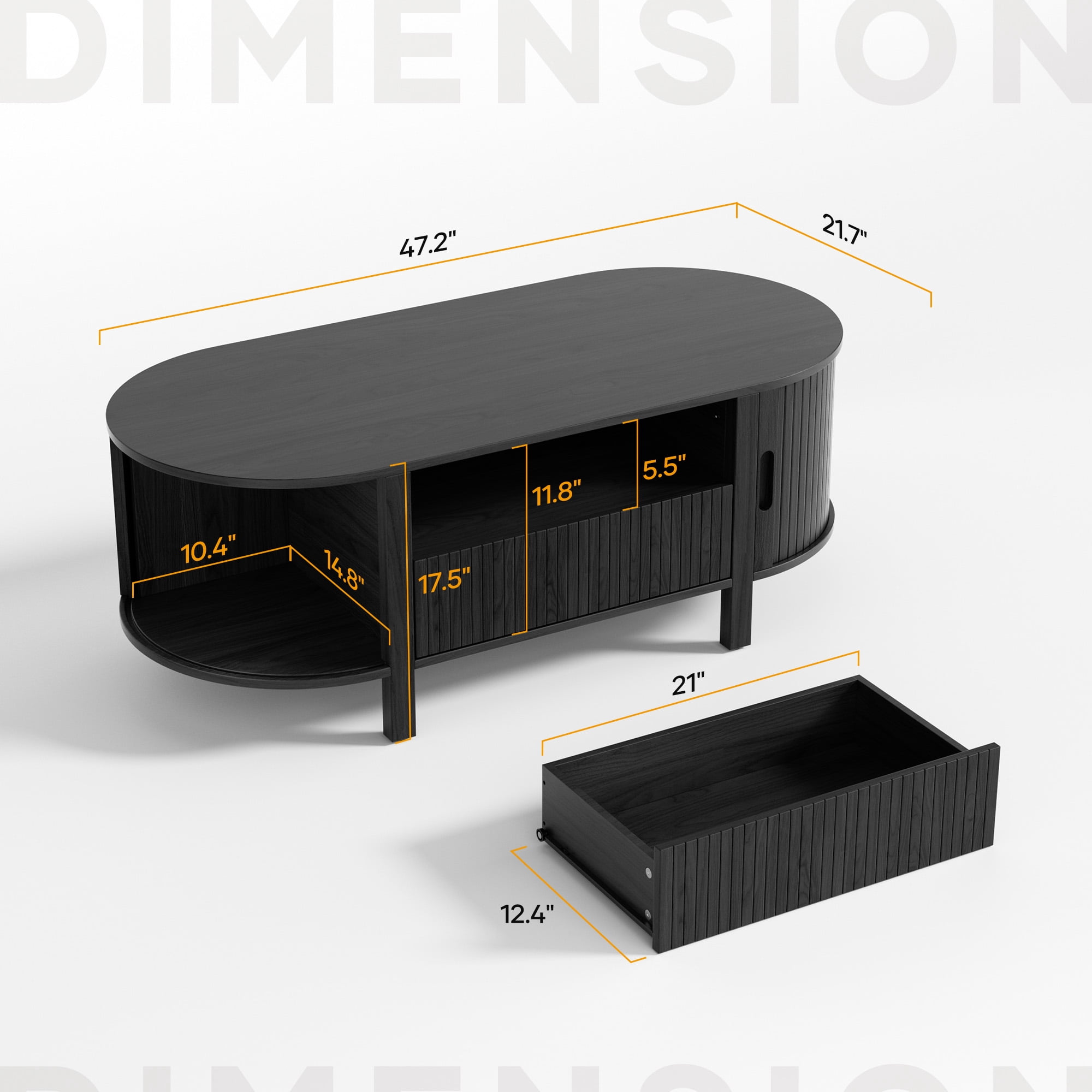 MARNUR Fluted Coffee Table with Storage, Mid Century Modern Center with Sliding Tambour Door for Living Room, Black