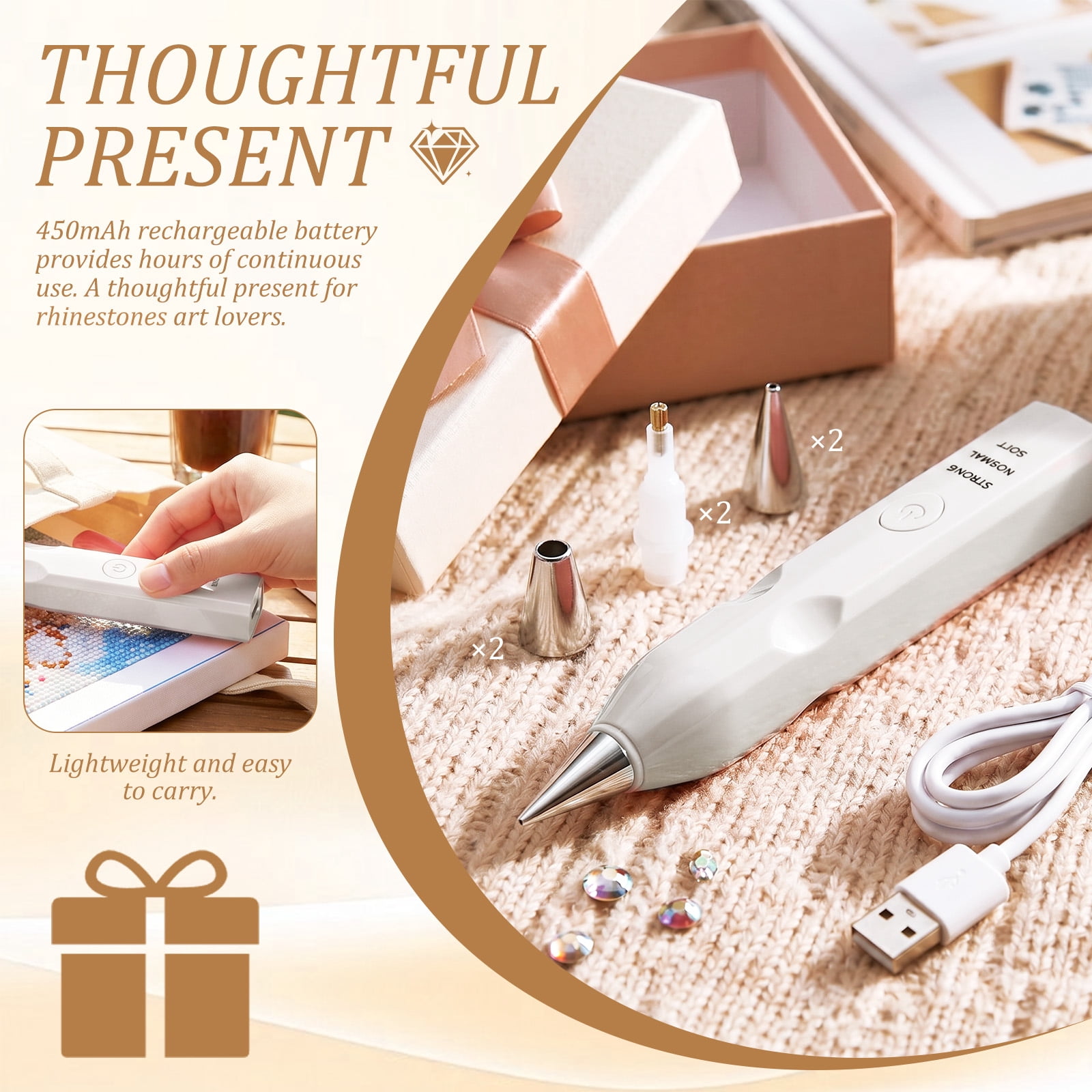 Electric Diamond Painting Pen with 4 Drill Nibs, Rechargeable Vacuum Rhinestone Art Pen Kit – Multipurpose Portable Tool for Adults DIY