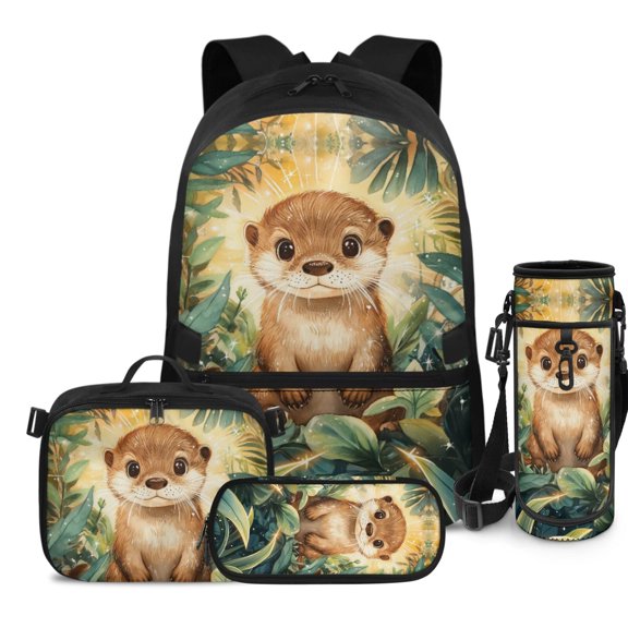 HUIACONG Jungle Cute Otter 17 Inch Kids School Backpack Set 4PCS for 6-10 Years Old Boys Girls Lightweight Portable Bookbag with Detachable Leakproof Lunch Box Pencil Case Water Bottle Holder