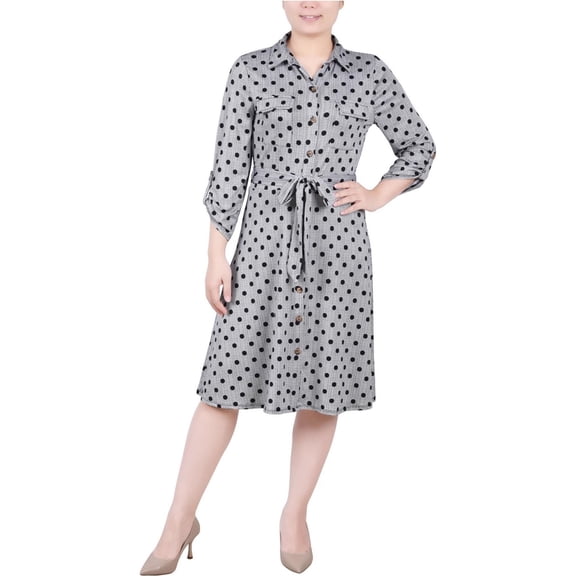 NY Collection Womens Roll Tab Sleeve Shirt Dress, White, Petite, P/PS
