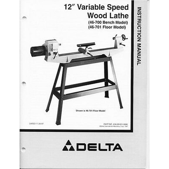 Delta 46-700 46-701 12" Variable Speed Wood Lathe Instruction Manual REPRINT
