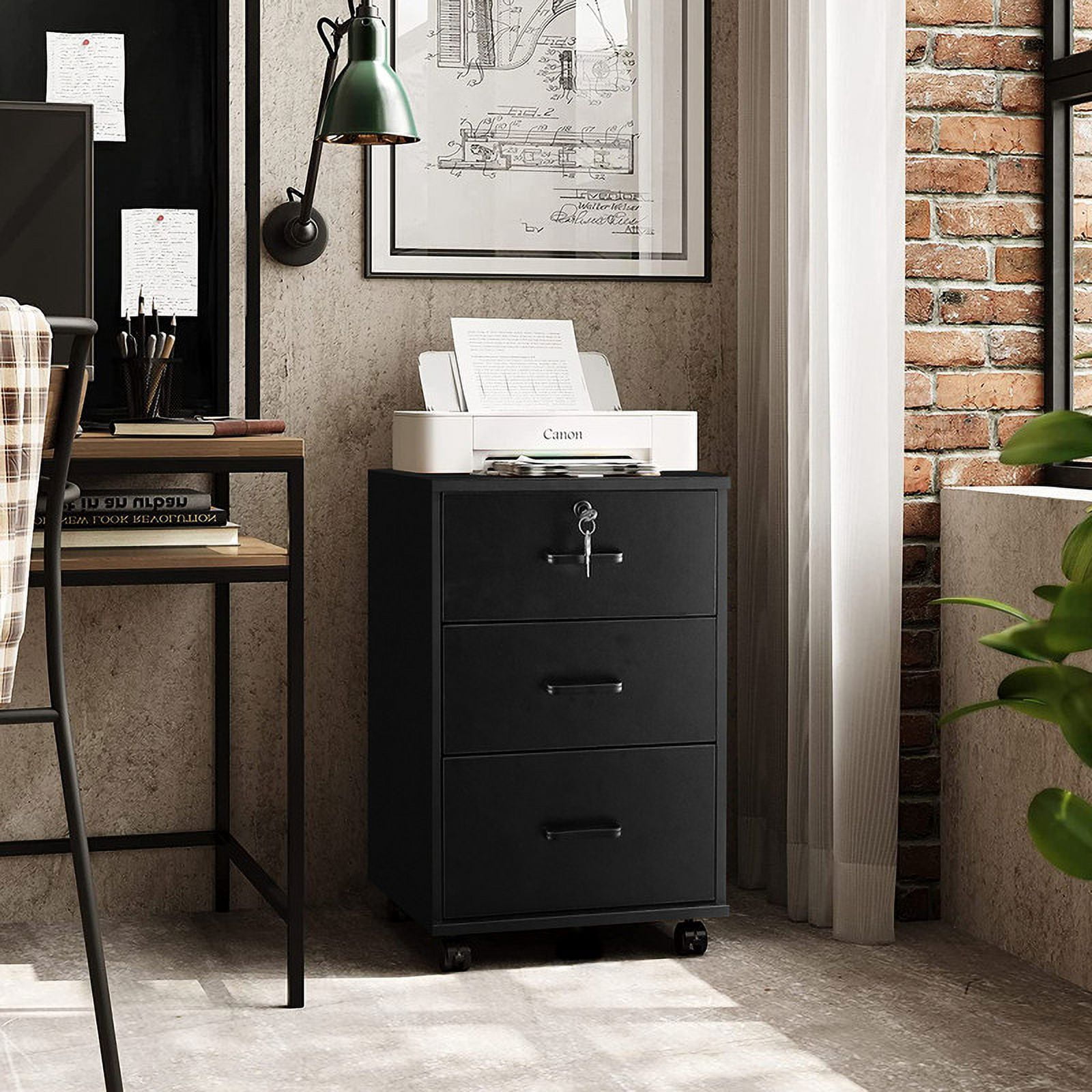 Clipop Set of 2 Mobile File Cabinet 3 Drawers,Lockable Wooden Cabinet,for A4 Sized Documents,Black