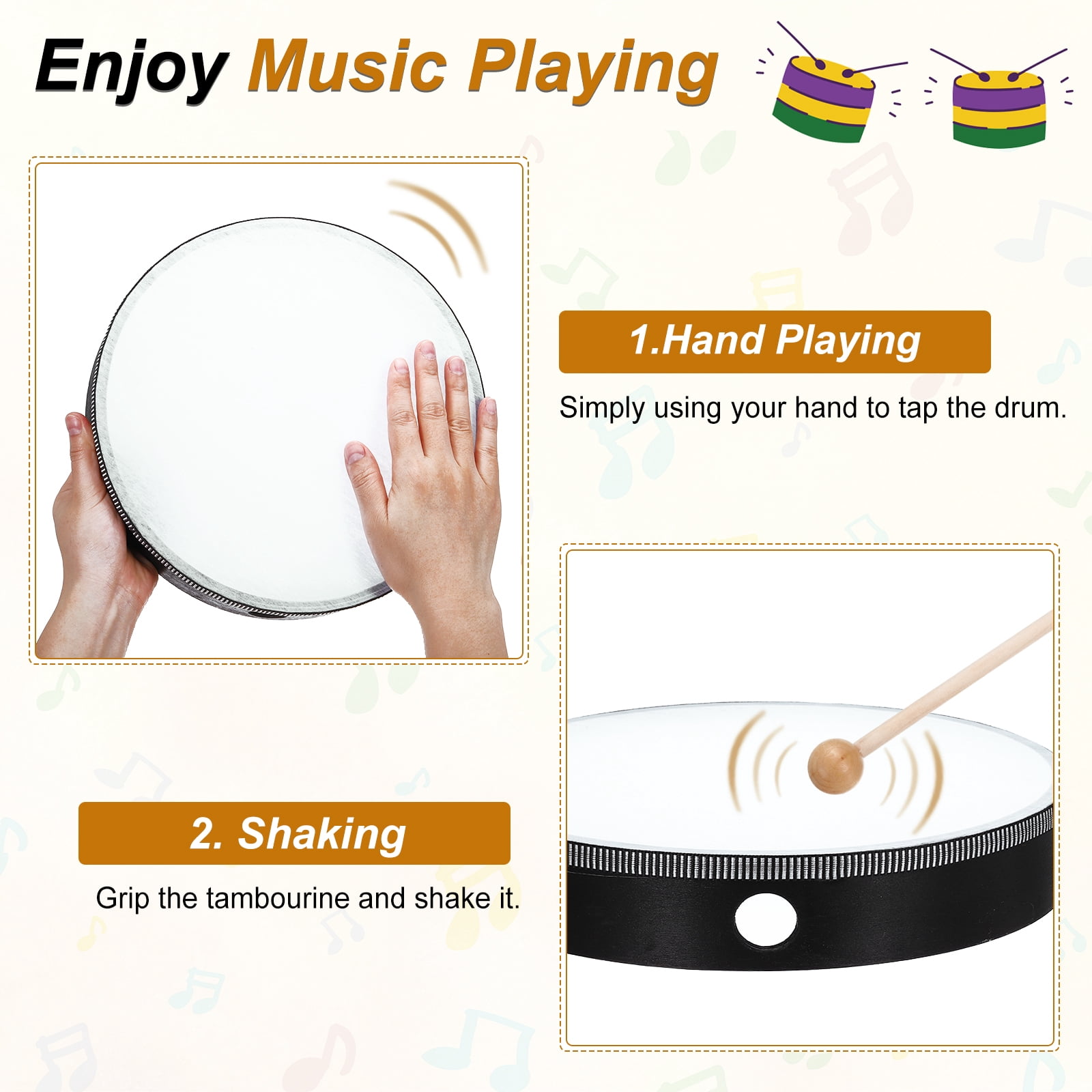 Uxcell 1 Pcs Hand Drum Music Percussion 10 Inch Wood Frame Drum Set with Drum Stick Musical Instrument for Musical Education Home Party Performance Supplies (Black)