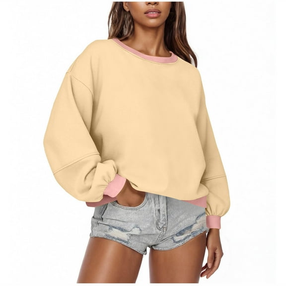 Color Block Sweatshirt for Womens Crew Neck Tops Long Sleeve Thermal Fleece Pullover Sweater Blouses Lounge Warm Ultra Soft Textured Blouses Comfort Casual Top