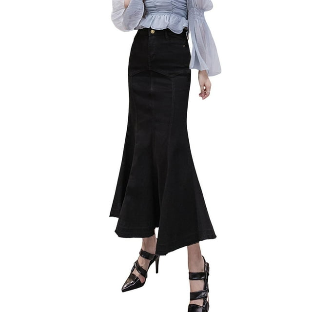Falda midi elástica de denim para mujer: falda ajustada de cintura alta con cola de pez, cierre con botones, tallas S-XXL
