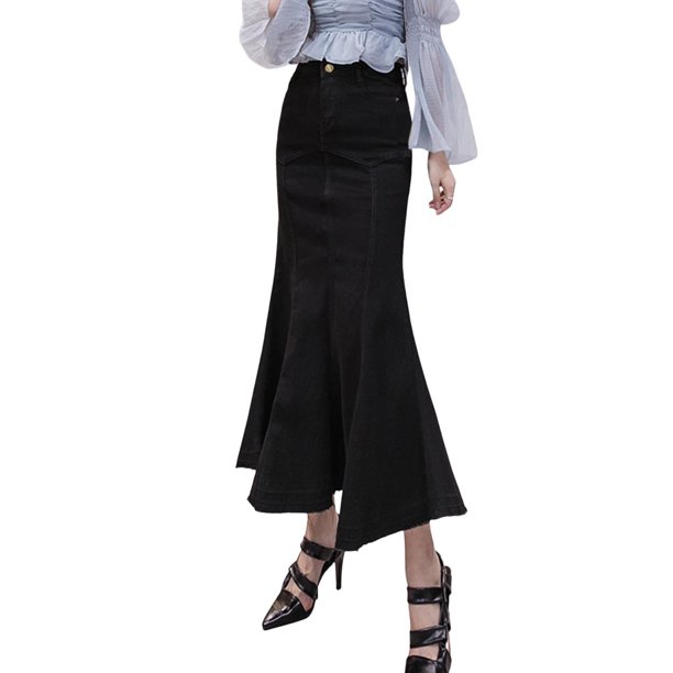Falda midi elástica de denim para mujer: falda ajustada de cintura alta con cola de pez, cierre con botones, tallas S-XXL