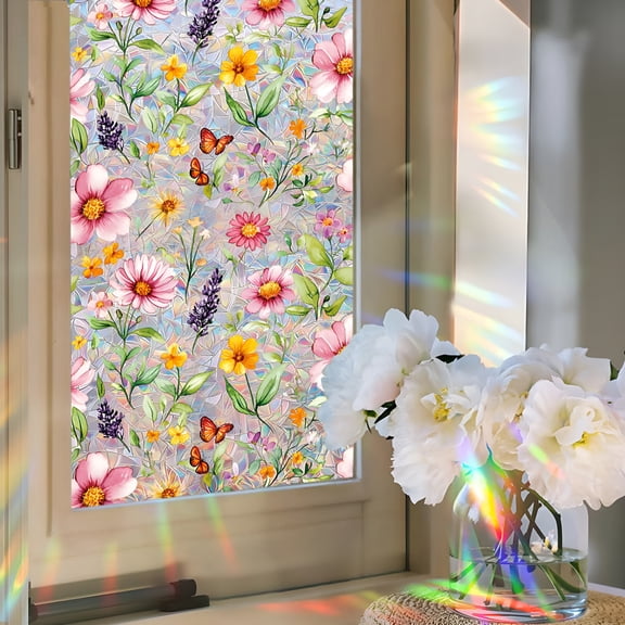 CCOCC Window Privacy Film - Floral Stained Glass Window Film Static Cling Uv & Heat Blocking Rainbow Window Film for Glass Doors,Bedroom Windows - No Glue Premium Vinyl-17.7"X39.4"