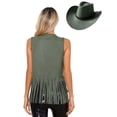 thumbnail image 2 of dPois Women Western Cowgirl Costume Rivets Fringe Vest Open Front Sleeveless Jacket with Hat Cowgirl Army Green M, 2 of 6