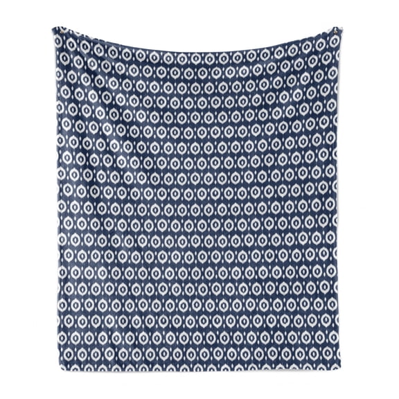 Ikat Soft Flannel Fleece Throw Blanket, Circles with Dots Ornate Pattern Vintage Design Traditional, Cozy Plush for Indoor and Outdoor Use, 50" x 70", Dark Blue White, by Ambesonne