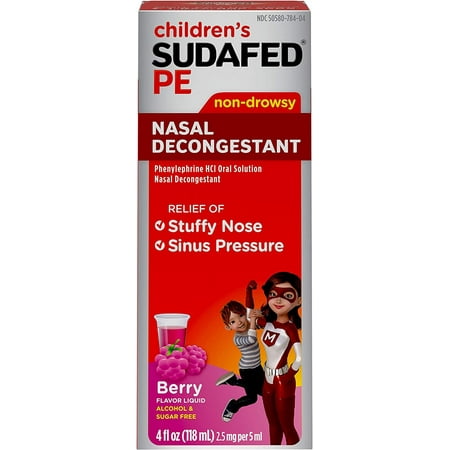 Sudafed Children's PE Nasal Decongestant, Liquid Cold Relief Medicine with Phenylephrine HCl, Alcohol Free and Sugar-Free, Berry-Flavored, 4 fl. oz Children's Nasal Decongestant